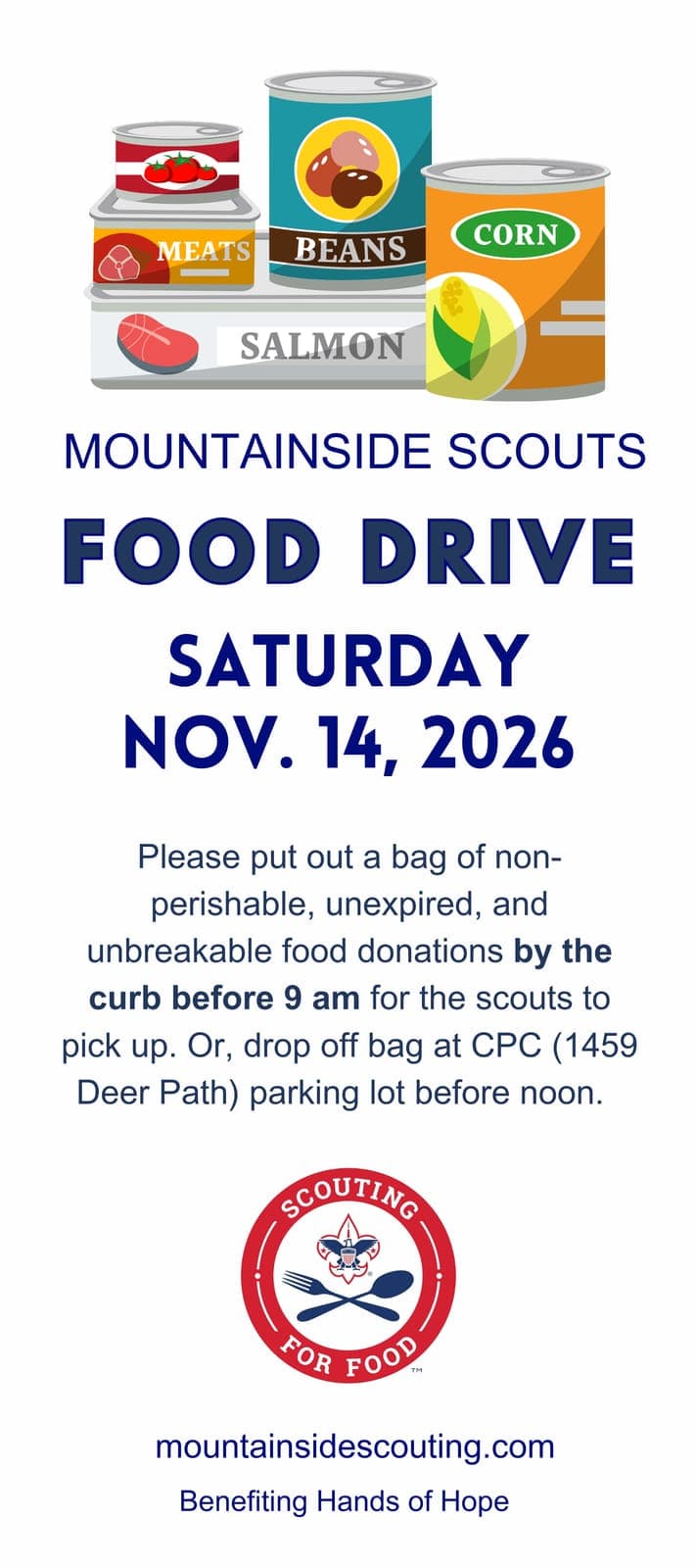 Mountainside Scouts will collect food donations on November 14 to benefit Hands of Hope.